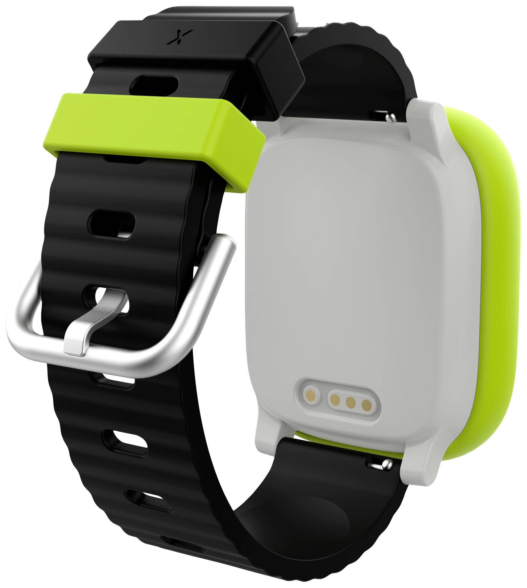Smartwatch nera e verde con un cinturino robusto e regolabile, la vista posteriore mostra i sensori e i contatti di ricarica.