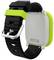 Smartwatch nera e verde con un cinturino robusto e regolabile, la vista posteriore mostra i sensori e i contatti di ricarica.