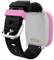 Un smartwatch con cinturino nero e rosa e fibbia argentata, sul retro si vede una porta di ricarica.