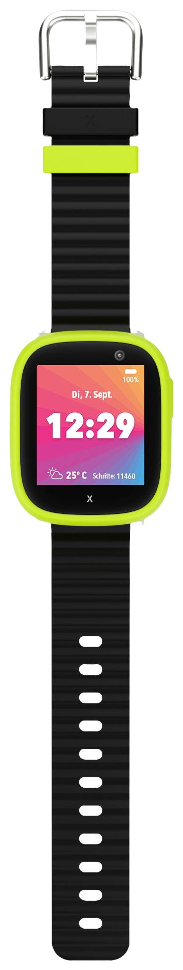 Un orologio intelligente con custodia verde e cinturino nero mostra l'ora '12:29' su un display colorato.
