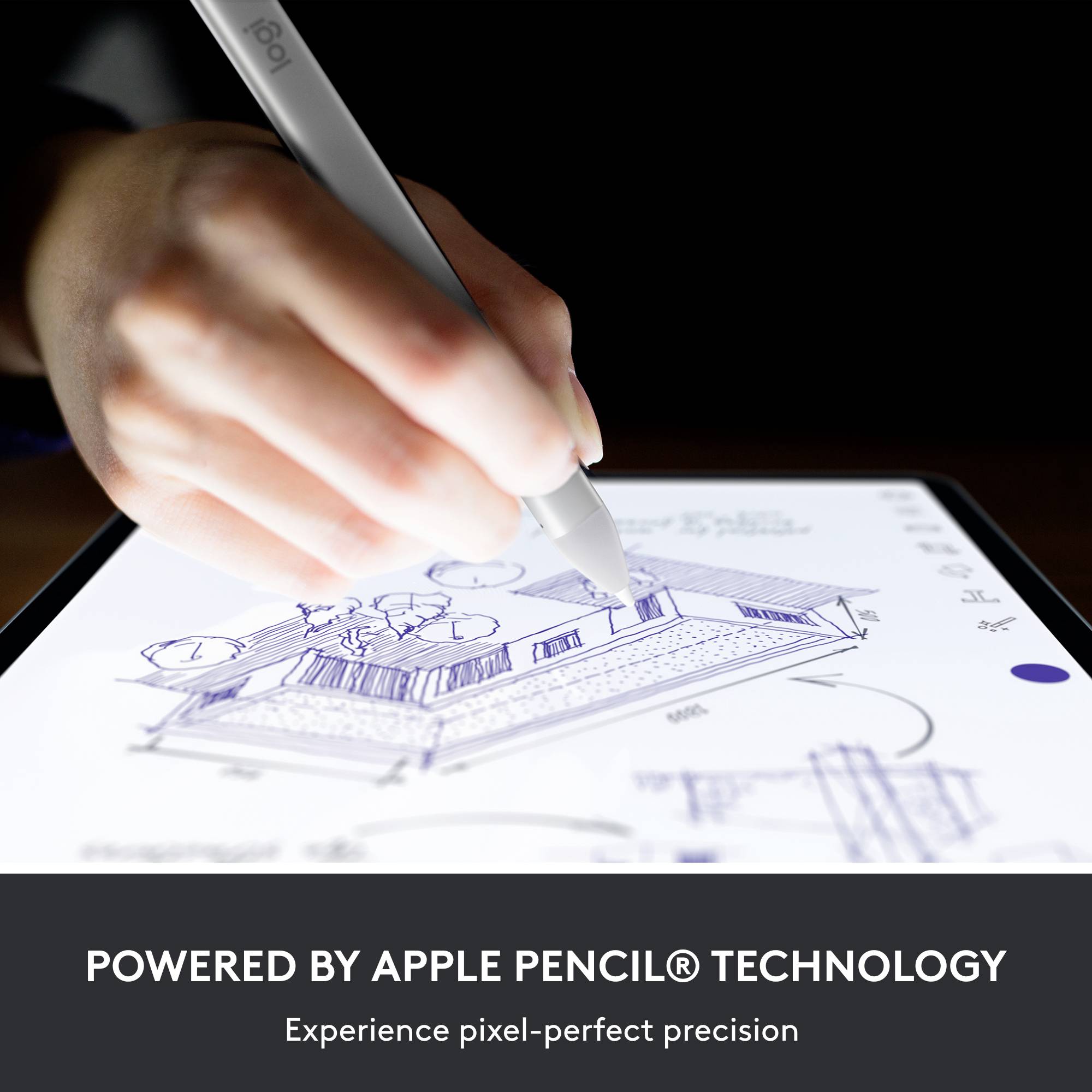 Una mano disegna uno schema tecnico di un edificio con una penna digitale su un tablet. Sotto è scritto: 'Powered by Apple Pencil® Technology'.