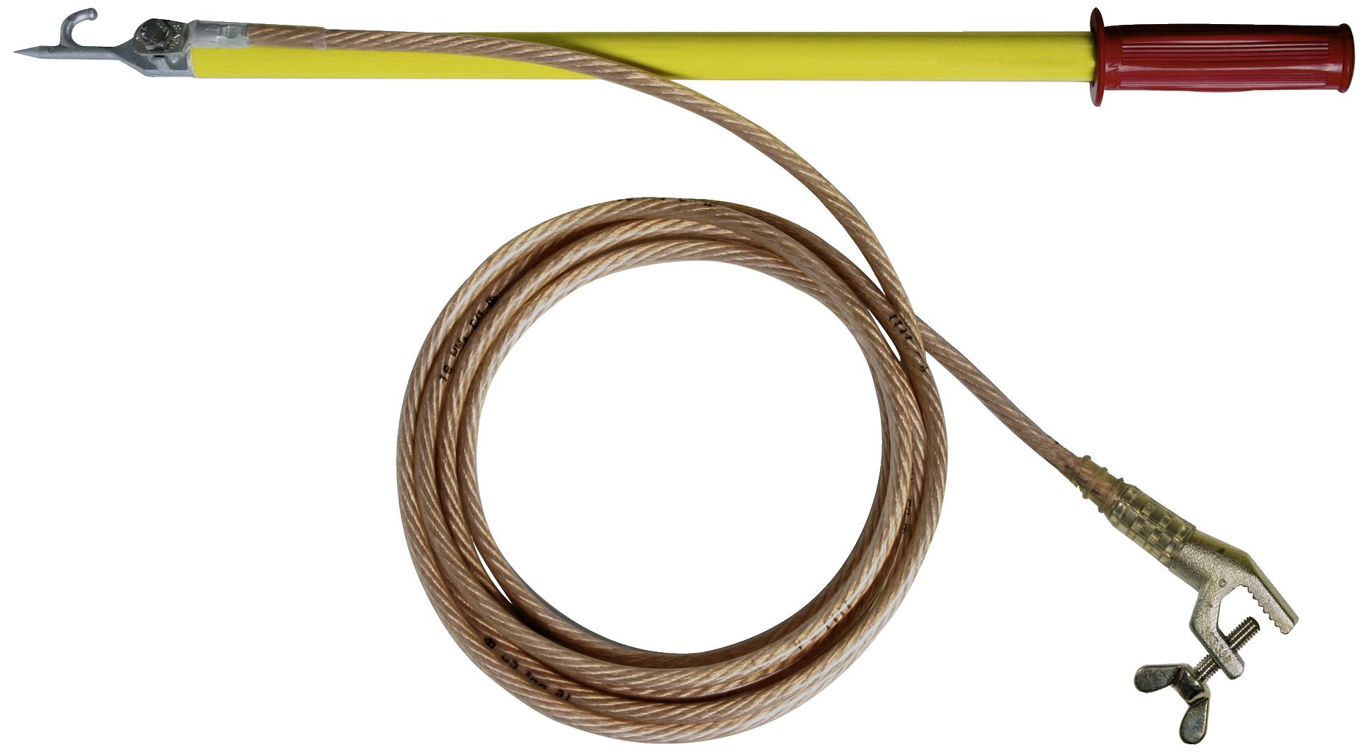 Un lungo cavo di messa a terra con impugnatura gialla e impugnatura protettiva rossa, collegato a un cavo a spirale color rame e a una pinza.