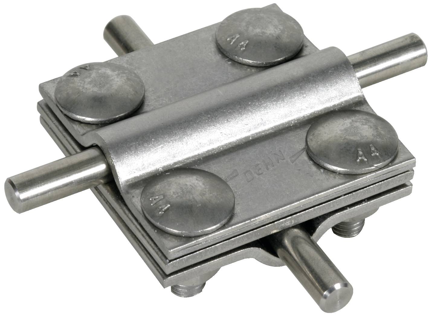 Cerniera metallica con quattro piastre rotonde e due assi, disposti in modo simmetrico. Utilizzata per movimenti rotatori uniformi.