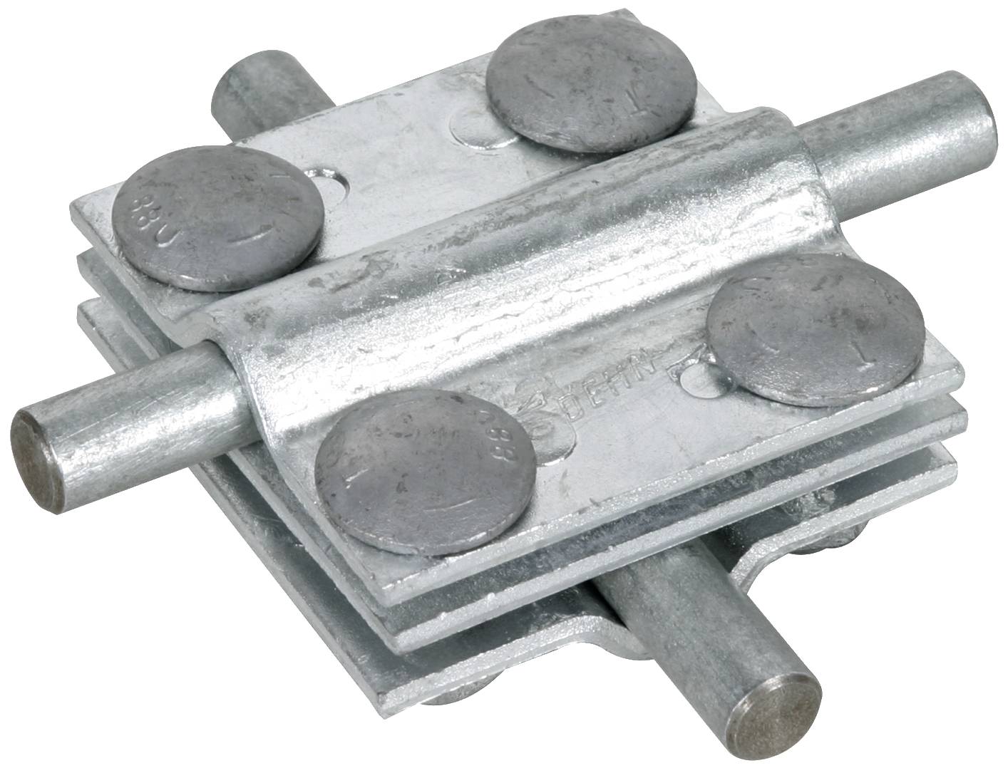 Elementi di connessione metallici, composti da due piastre sovrapposte unite da quattro viti che tengono insieme due barre verticali.
