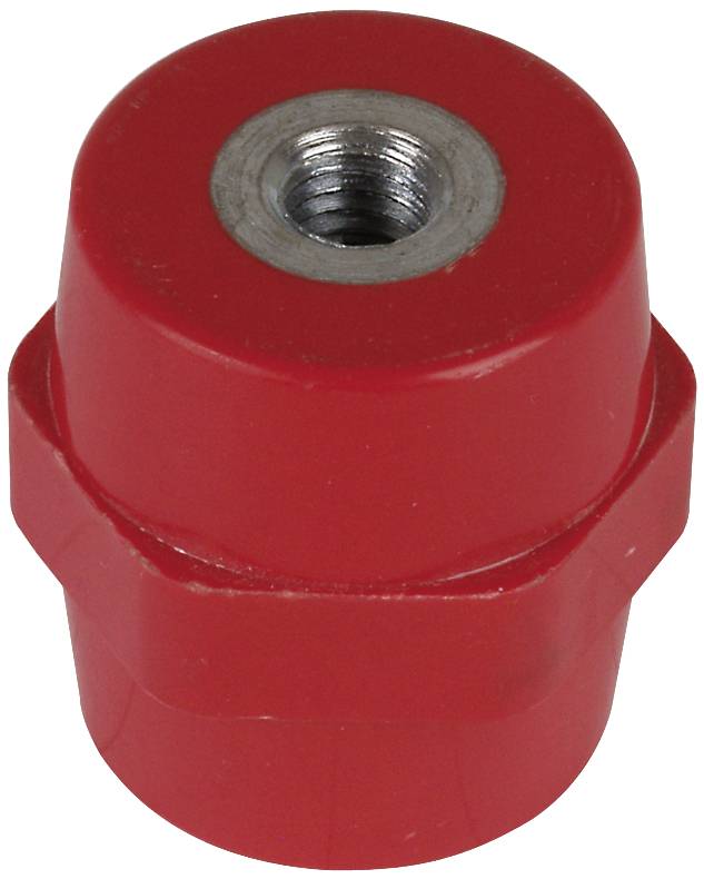 Isolatore rosso con filettatura metallica interna, forma cilindrica, utilizzato per l'isolamento elettrico e il fissaggio.
