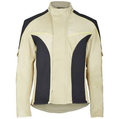 Giacca beige e nera con dettagli gialli, collo rialzato e design pulito, adatta per le giornate più fresche.