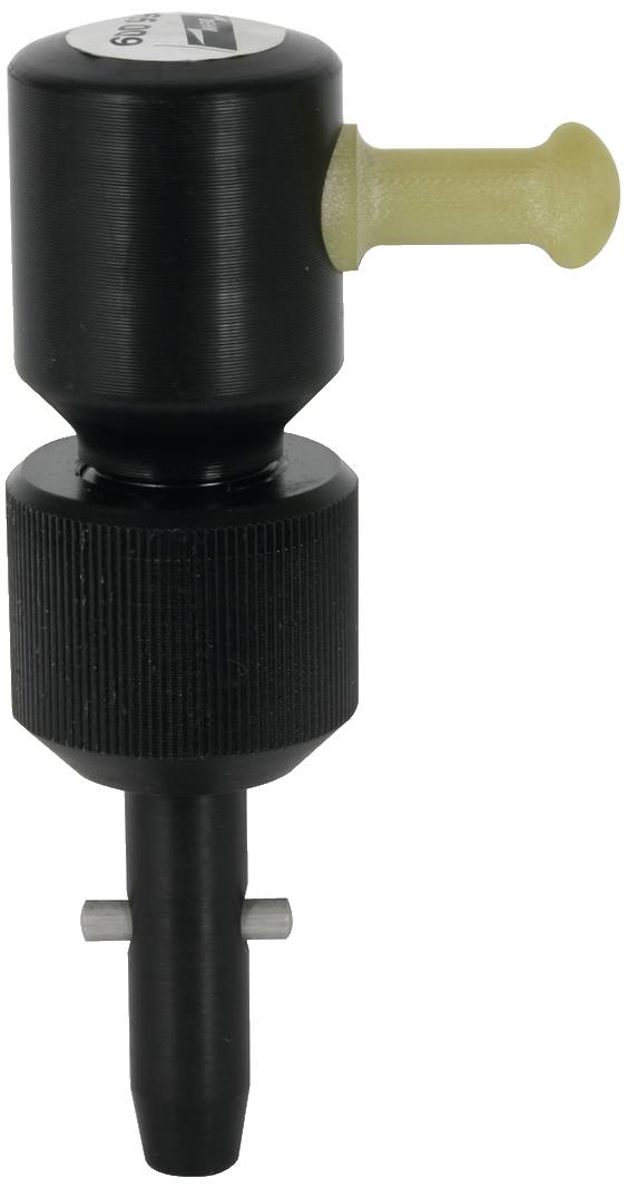 Un dispositivo nero, cilindrico, con una manopola gialla in cima e un'estremità allungata in basso. Utilizzato per applicazioni tecniche.
