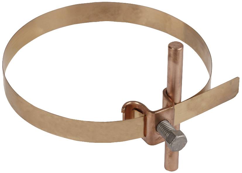 Morsetto di messa a terra in rame con vite e fascetta di serraggio per la sicurezza dei cavi di terra. Adatto per connessioni robuste.