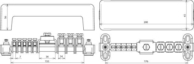 Disegno tecnico di un blocco di connessione elettrica con dimensioni: larghezza 200 mm, altezza 55 mm, con diversi tipi di connessioni rappresentati.