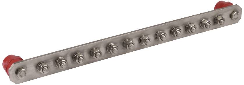 Barra metallica con dodici connessioni a vite, protetta alle estremità da coperture rosse.