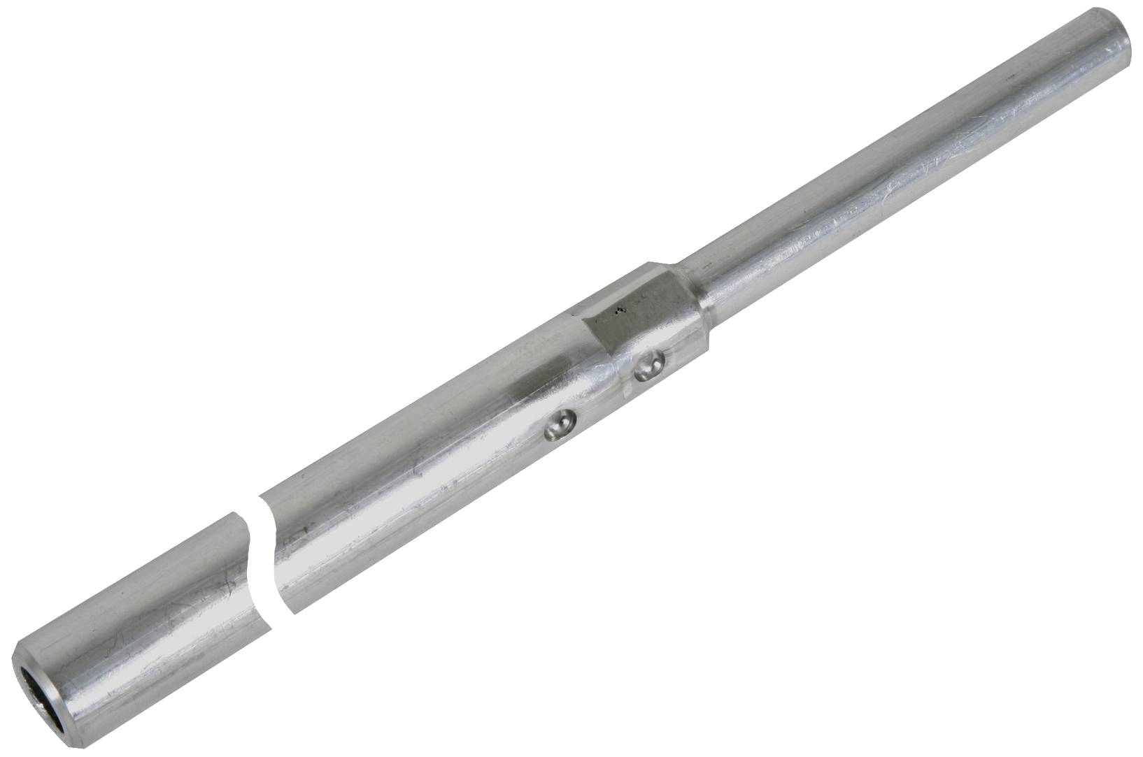 Un tubo in acciaio regolabile con viti di serraggio, che può essere utilizzato come raccordo o prolunga in progetti edili.