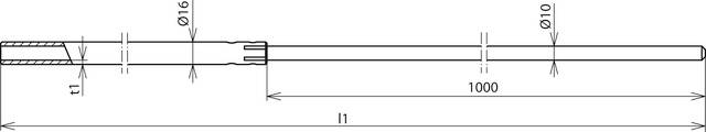 Disegno tecnico di un'asta. A sinistra una sezione trasversale che mostra la struttura interna, a destra le indicazioni dimensionali: diametro 16 mm e 10 mm, lunghezza 1000 mm.
