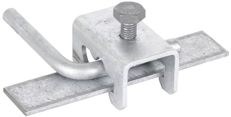 Morsetto metallico con vite e squadretta. Utilizzato per fissare componenti. Colorazione sobria in tonalità di grigio e argento.