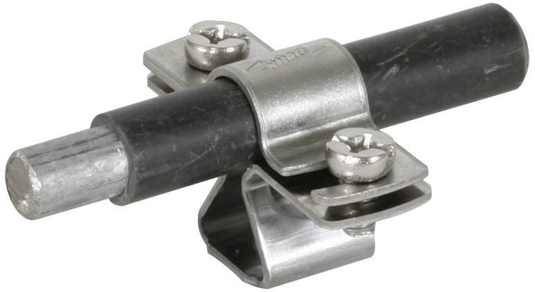 Un perno cilindrico nero in metallo con due clip di fissaggio metalliche. Utilizzato per collegare o supportare componenti.