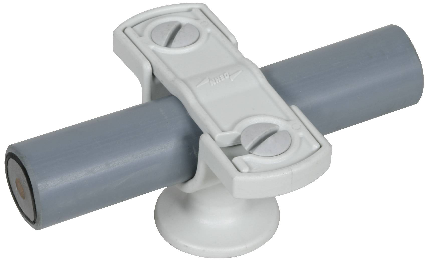 Grigio, componente elettronico tubolare con involucro in plastica bianca e due cilindri connessi, montato su un piedistallo.