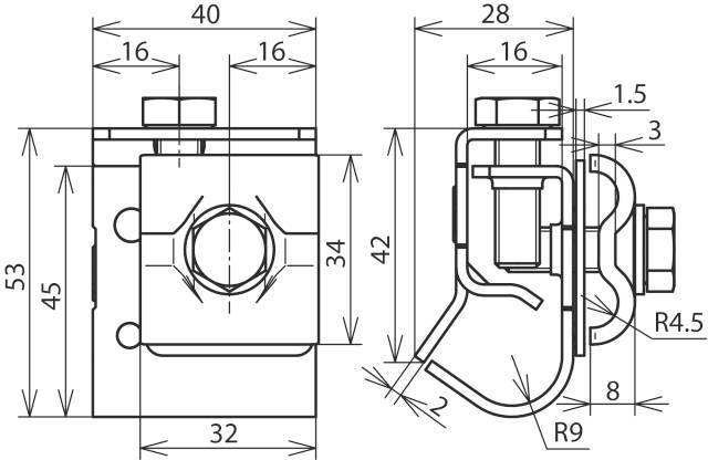 Disegno tecnico di un componente meccanico con vista laterale e frontale. Dimensioni e raggi sono indicati.