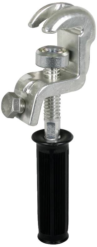 Morsetto metallico con impugnatura nera, adatto per fissaggi o supporti.