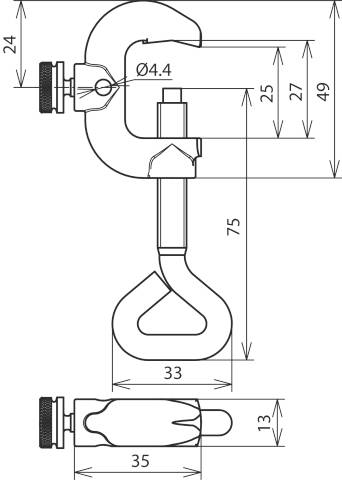 'Disegno tecnico di un gancio con misure. In alto: 49mm, Larghezza: 24mm. In basso: 75mm lunghezza del gancio, Larghezza 33mm, Altezza 13mm.'