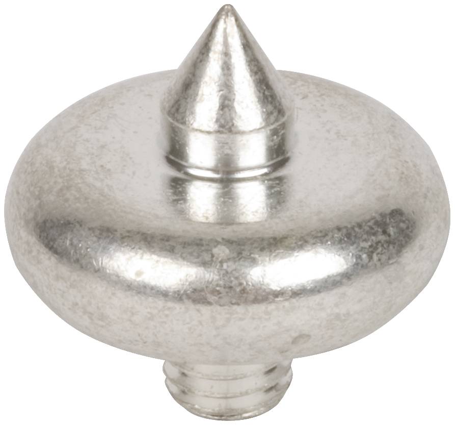 Un inserto metallico argentato con estremità appuntita, corpo cilindrico e filettatura alla base, presumibilmente per uso tecnico.