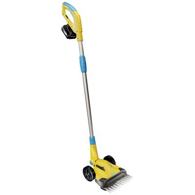 Rastrello elettrico giallo e blu per giardino, con manico lungo, due ruote e vano batteria, adatto per la manutenzione del prato.
