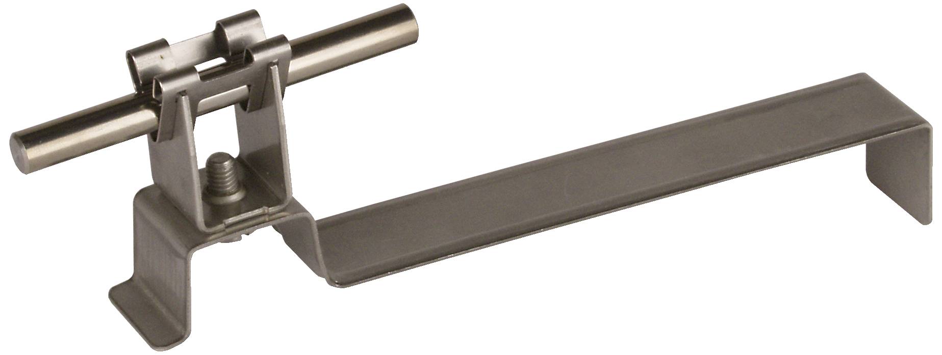 Supporto in metallo con vite, idoneo per fissare pannelli o lastre su una superficie. Robusto e dal design semplice.