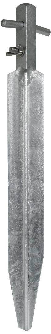 Ancoraggio metallico con un perno centrale e due elementi laterali a forma di vite nella parte superiore, per il fissaggio al suolo.