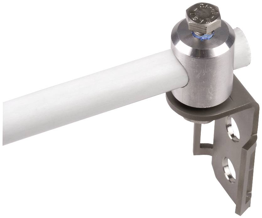 Un supporto metallico mantiene un tubo bianco in posizione. Il supporto è fissato a un angolo per garantire stabilità.