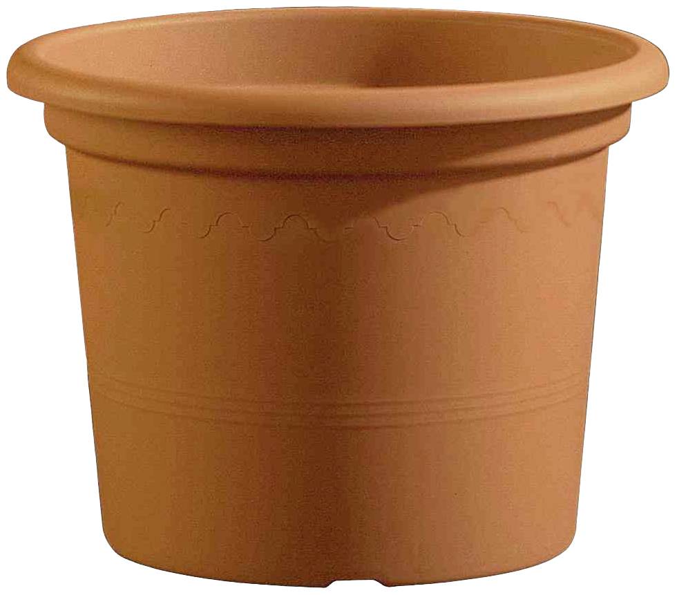 Un vaso per piante vuoto in plastica color terracotta, adatto per uso interno ed esterno.