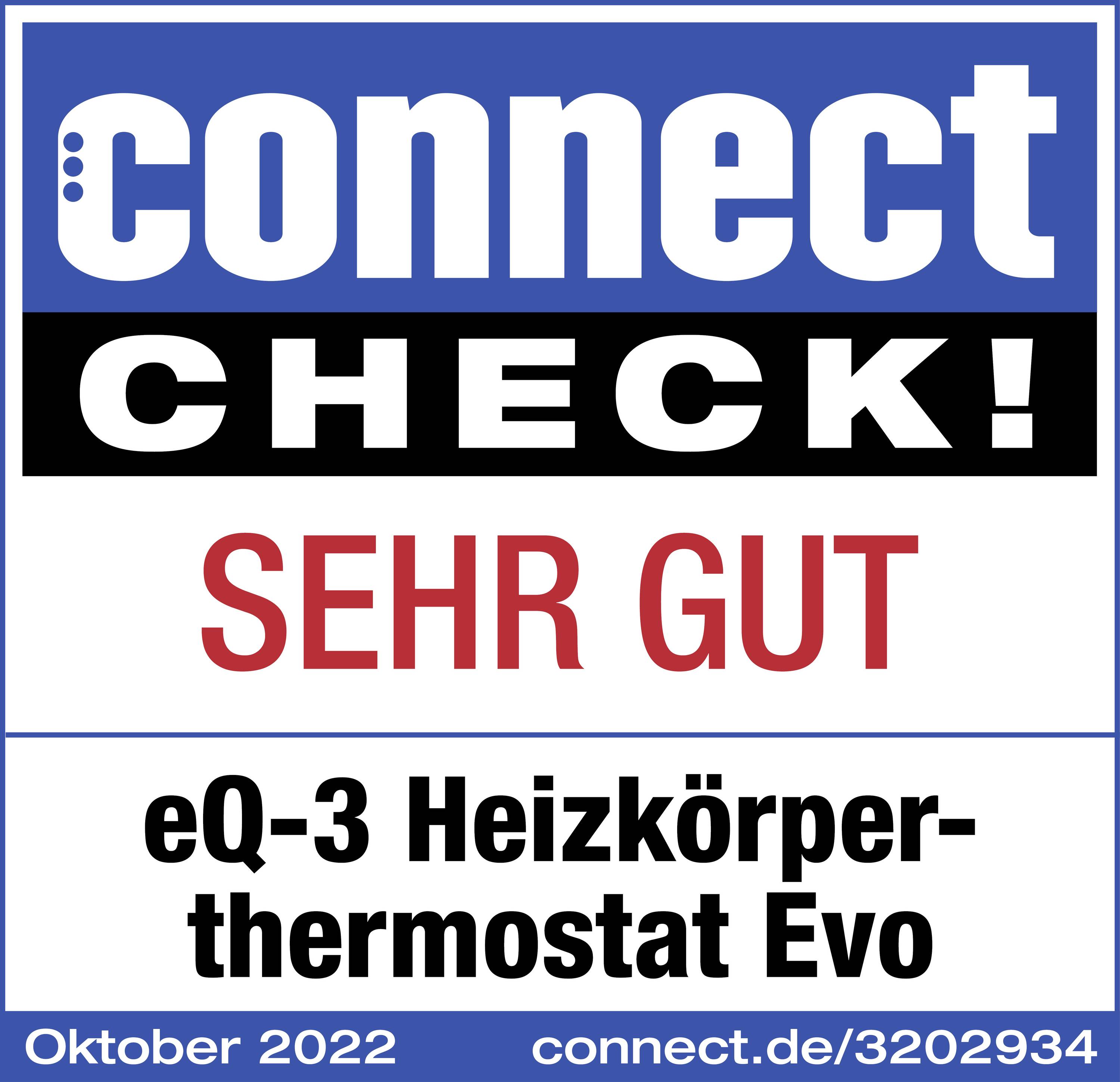 Logo di 'connect CHECK!', Valutazione 'MOLTO BUONO' per il termostato per radiatori eQ-3 Evo, ottobre 2022, connect.de/3202934.