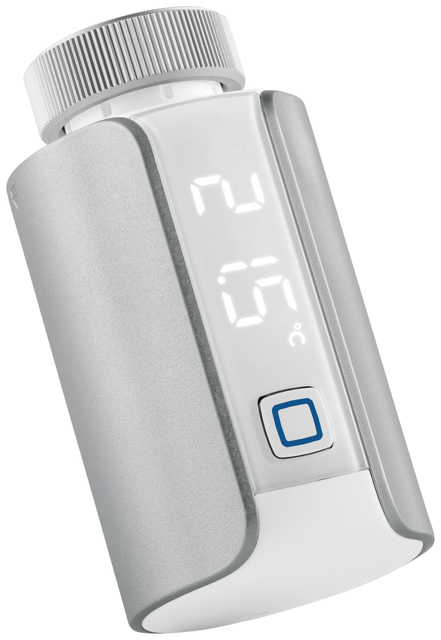 Termostato intelligente per radiatori con display LED che mostra 21,5°C. Involucro dal design argento-bianco, controllo utente tramite pulsante.