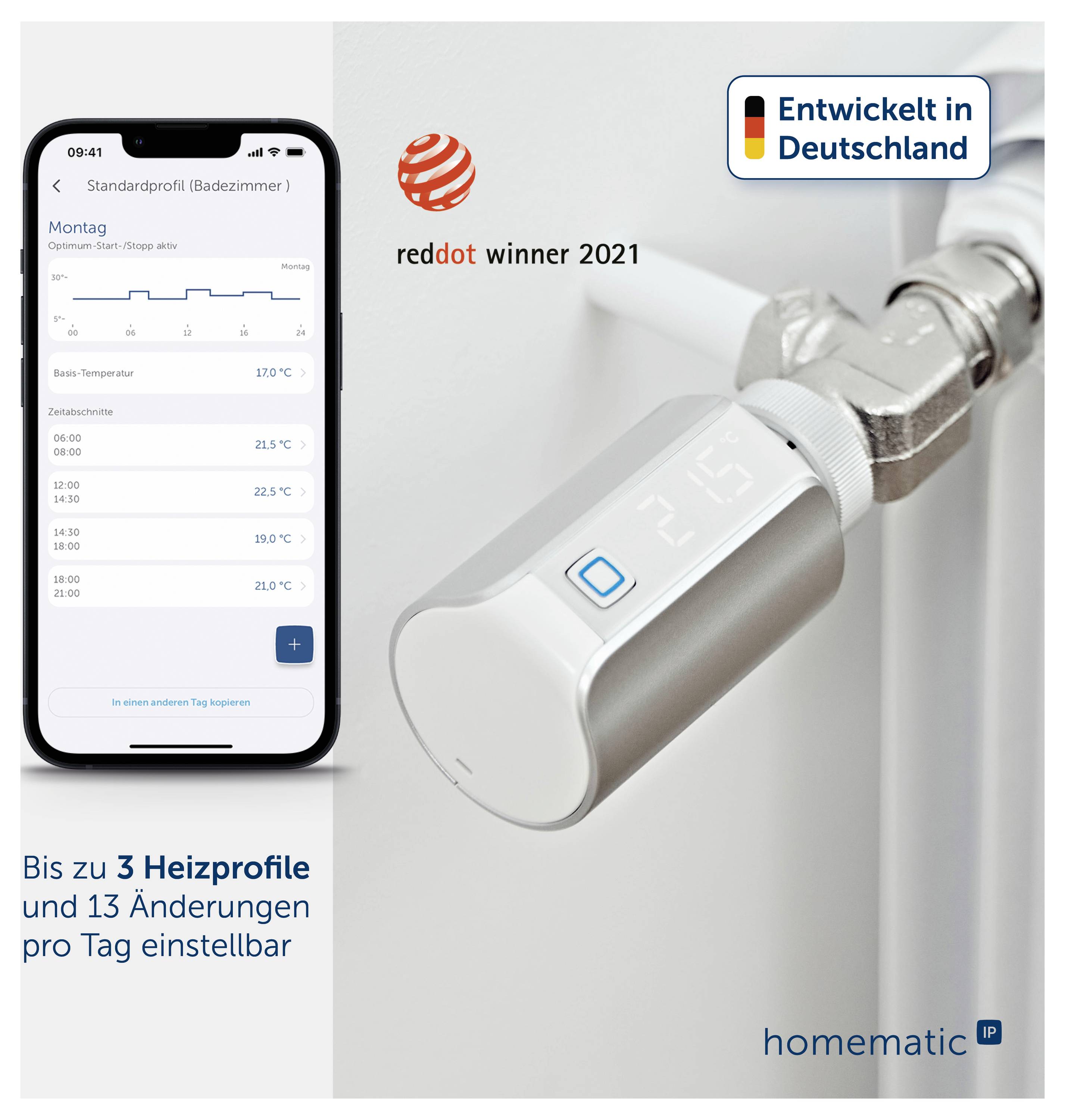 Immagine pubblicitaria per il termostato intelligente per radiatore Homematic IP con controllo tramite app; mostra il termostato sul radiatore e l'app smartphone con profili di riscaldamento, indicazione "Sviluppato in Germania" e "reddot winner 2021".