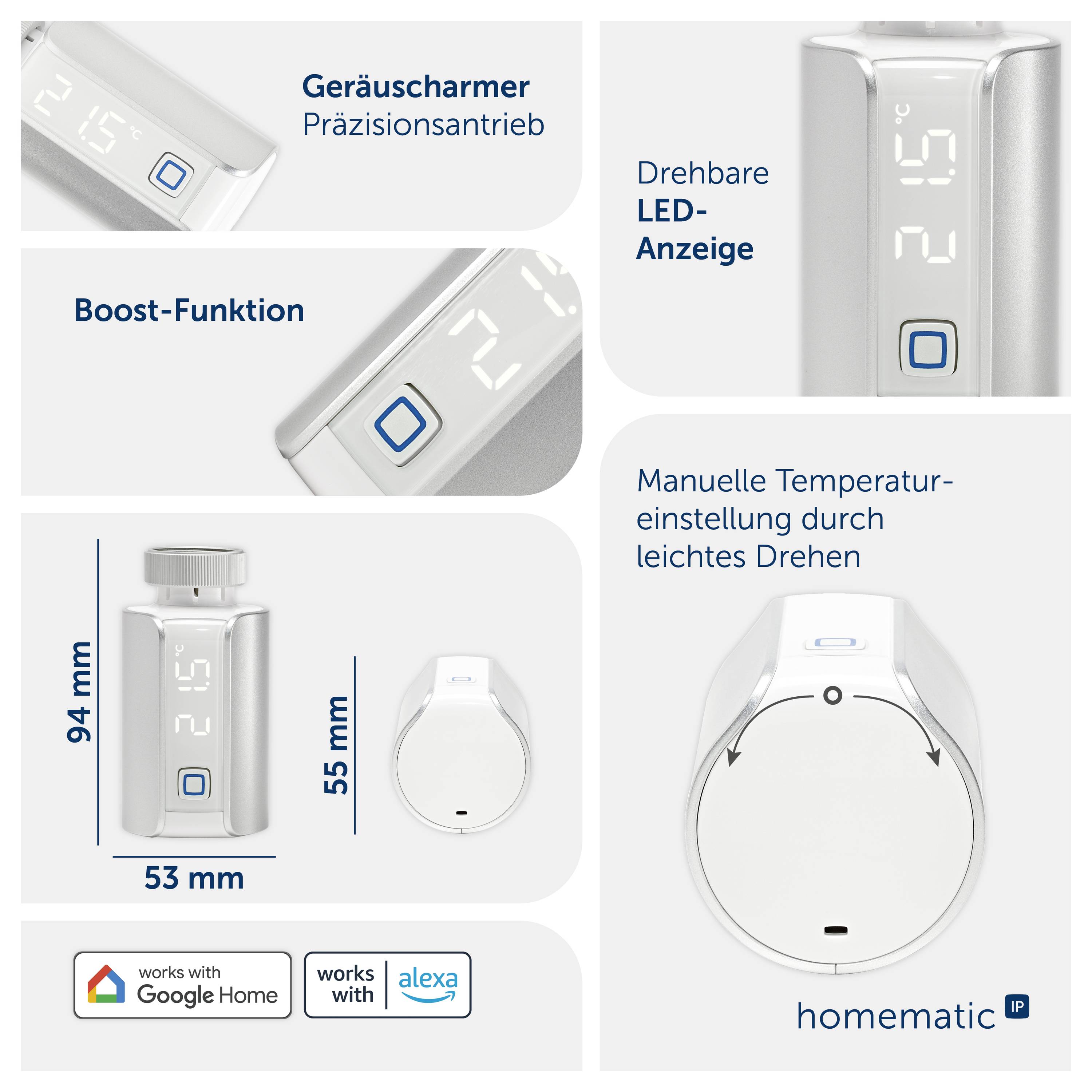 Grafica pubblicitaria di un termostato compatto con funzioni: motore di precisione a basso rumore, funzione Boost, display LED rotante, regolazione manuale della temperatura; dimensioni 94 x 53 x 55 mm, compatibile con Google Home e Alexa.