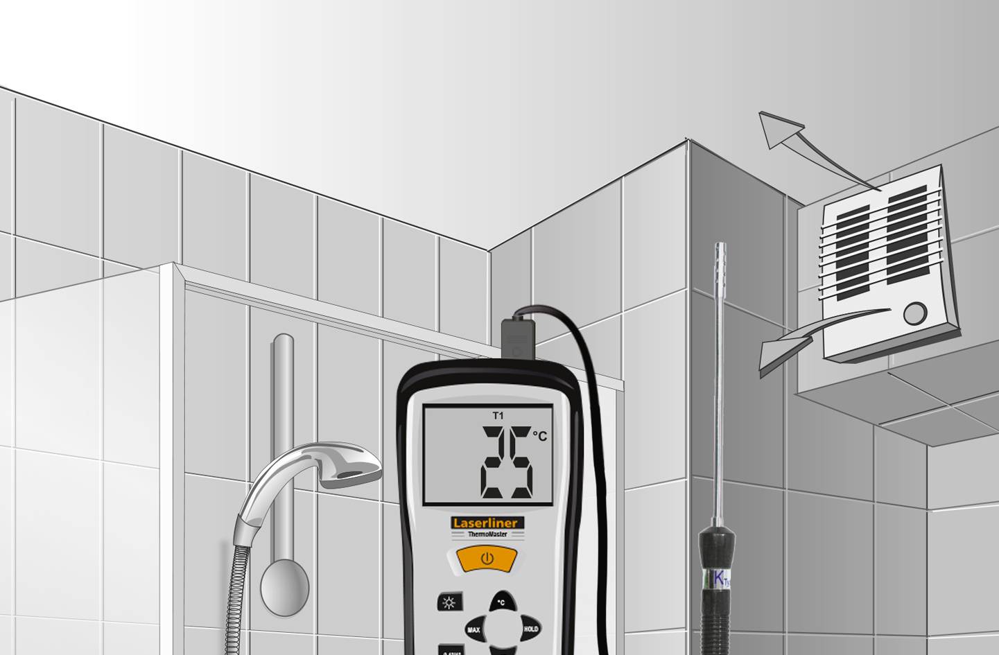 Un termometro digitale indica 24°C in un bagno con doccia, ventilazione e striscia del termometro.