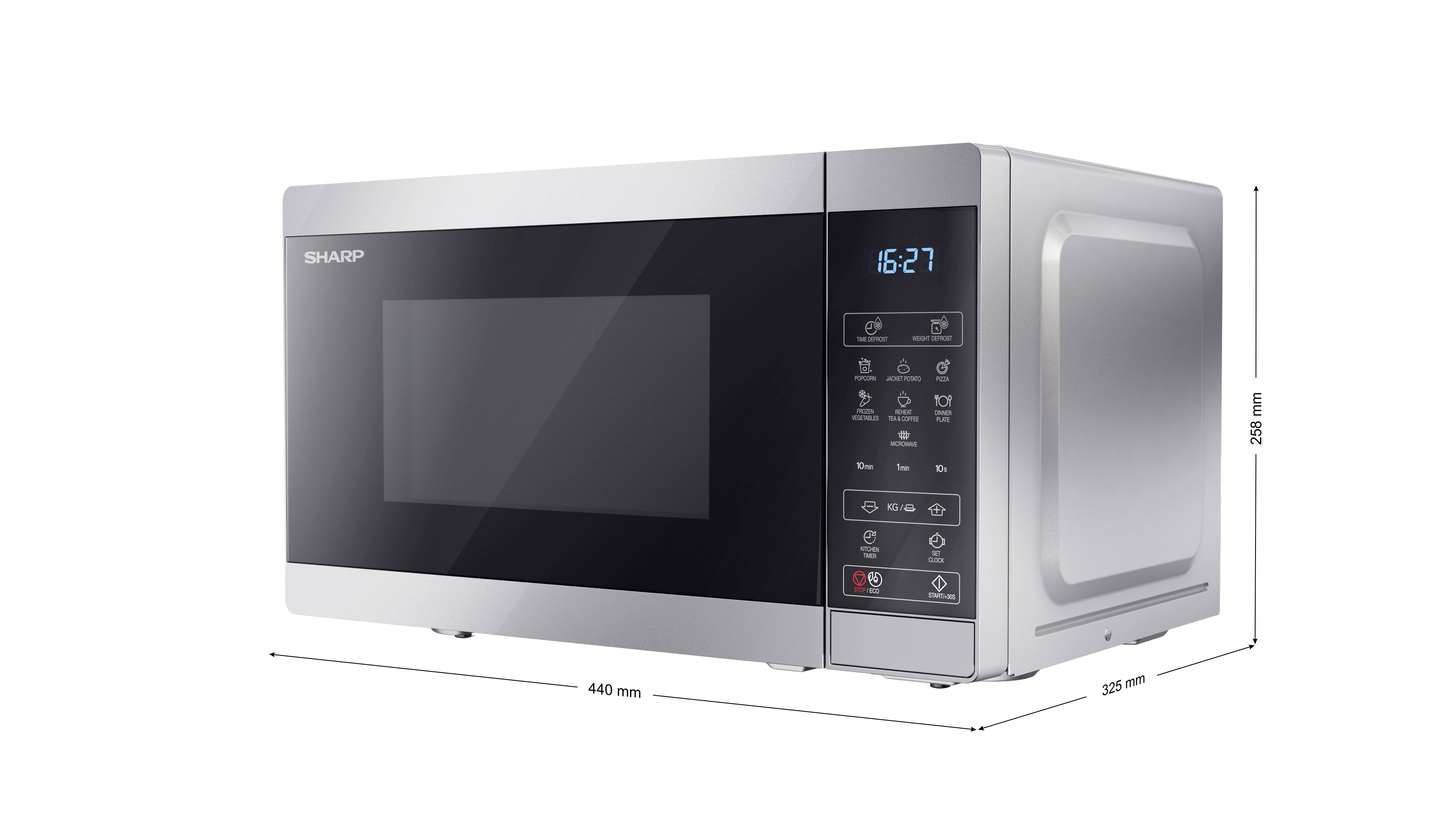 Microonde Sharp argentato con display digitale che mostra '16:27'. Dimensioni laterali e larghezza sono 259 mm e 440 mm. Tasti di controllo visibili.