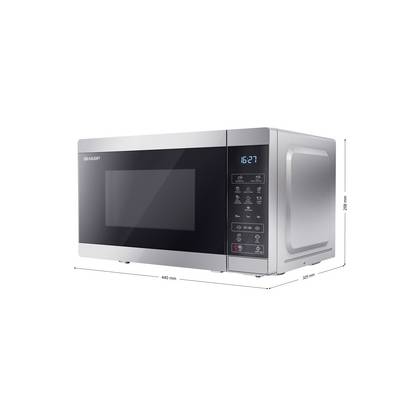 Microonde Sharp argentato con display digitale che mostra '16:27'. Dimensioni laterali e larghezza sono 259 mm e 440 mm. Tasti di controllo visibili.