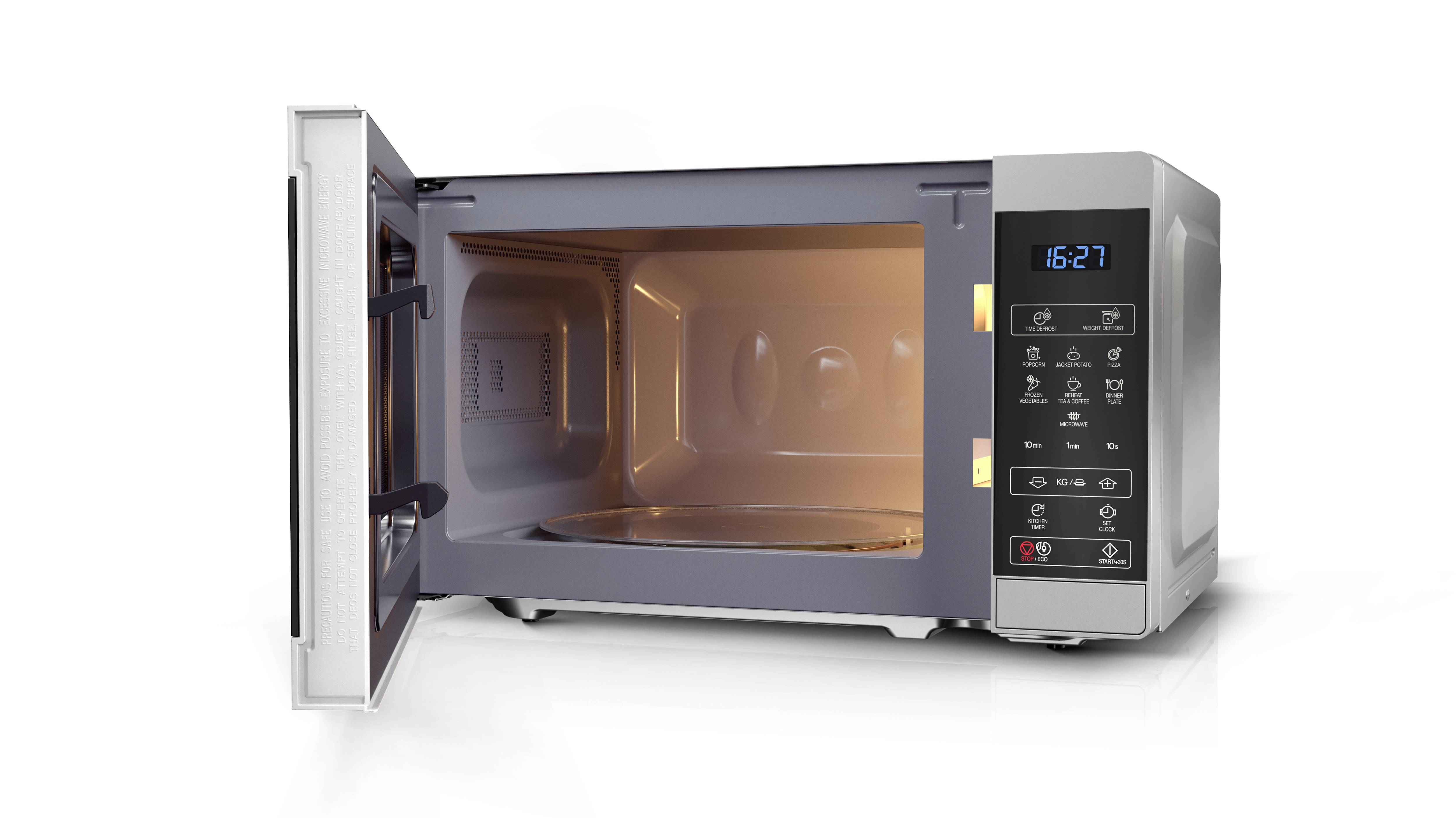 Forno a microonde argentato con porta aperta. Il display mostra l'ora '16:27'. Sono visibili i pulsanti di controllo e l'interno.