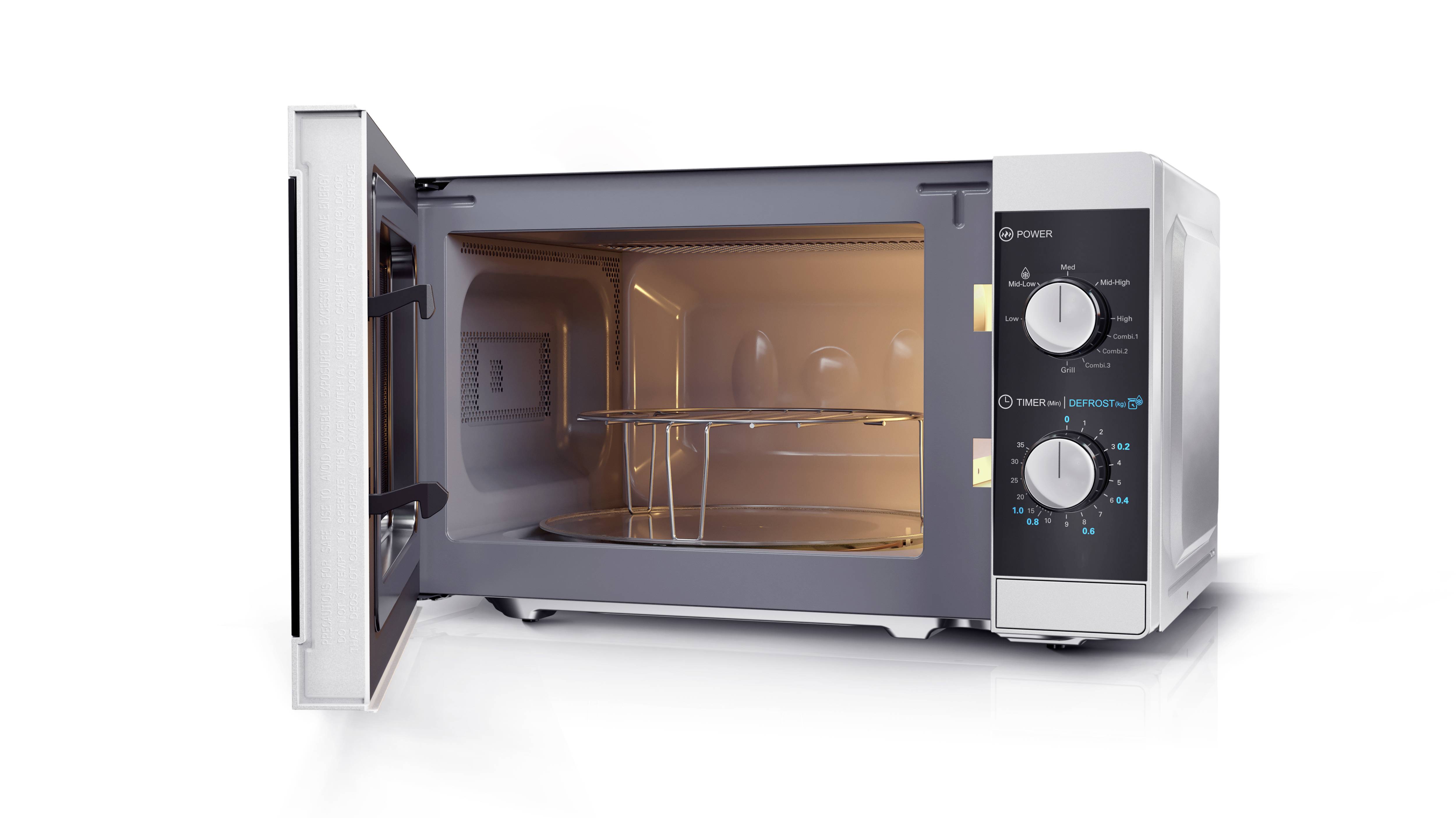 Forno a microonde con porta aperta, argento e bianco, con due manopole per regolare temperatura e timer, illuminazione interna visibile.