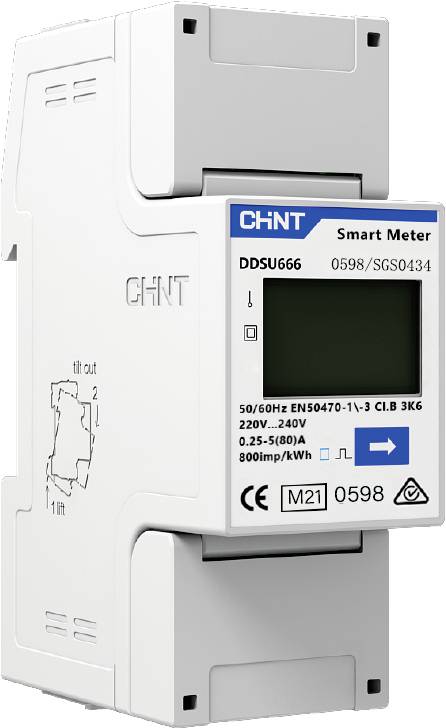 Un contatore intelligente Chint, modello DDSU666, visualizza i parametri energetici. È progettato per frequenze di 50/60 Hz e tensioni di 220V-240V.