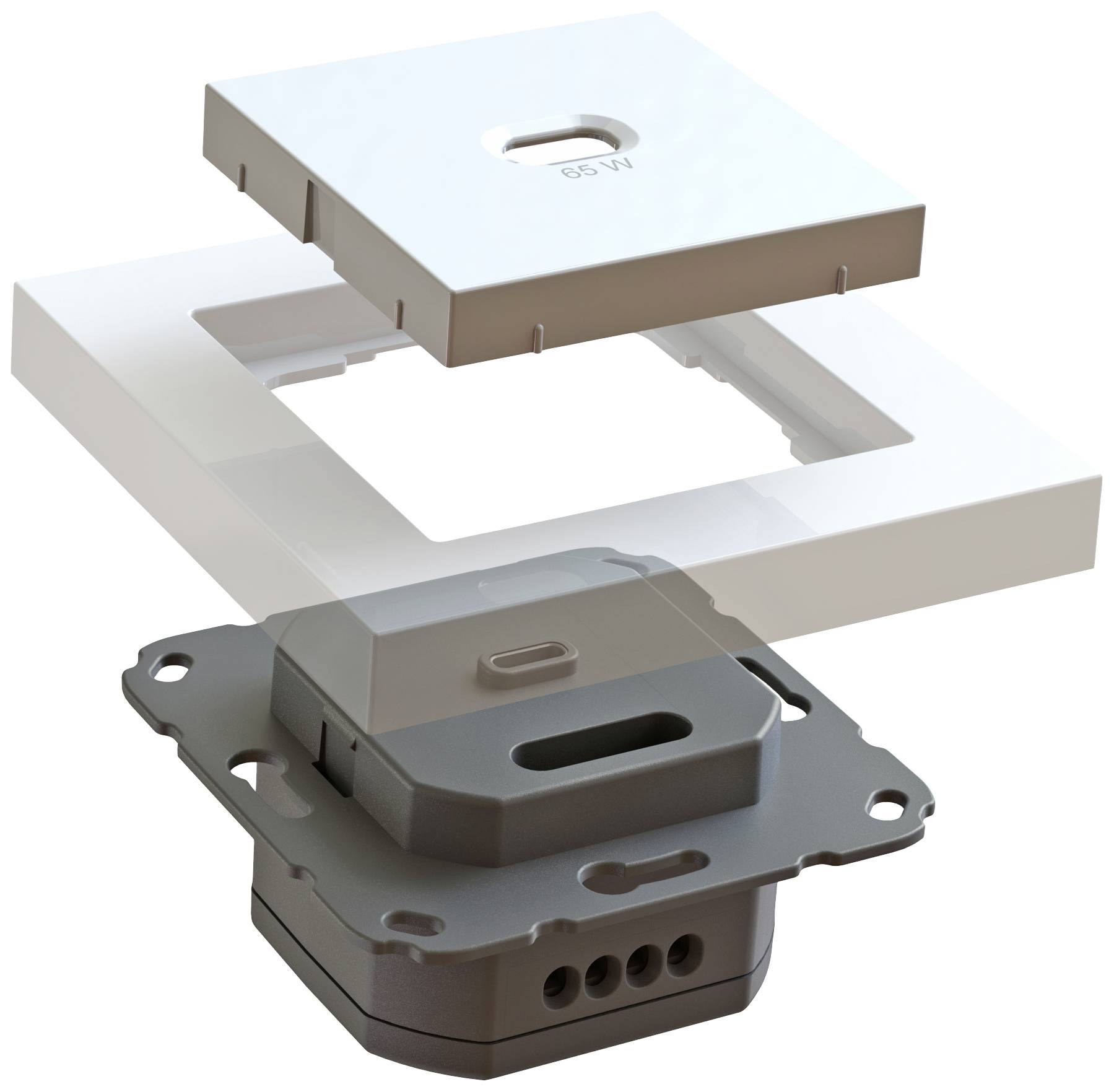 Interruttore elettrico in vista esplosa a tre parti: coperchio con '50 W', cornice e base con morsetti a vite.
