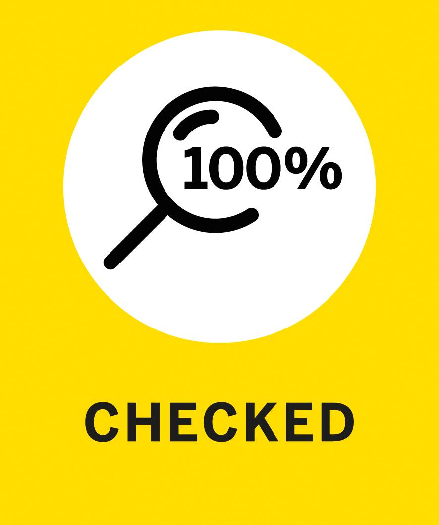 Lente d'ingrandimento ingrandita con '100%' all'interno, con sotto la parola 'CHECKED' su sfondo giallo.