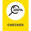 Lente d'ingrandimento ingrandita con '100%' all'interno, con sotto la parola 'CHECKED' su sfondo giallo.