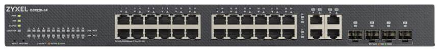 Switch di rete con 24 porte Ethernet e quattro slot SFP, indicatori LED per connessione e attività, nome del marchio in alto a sinistra.