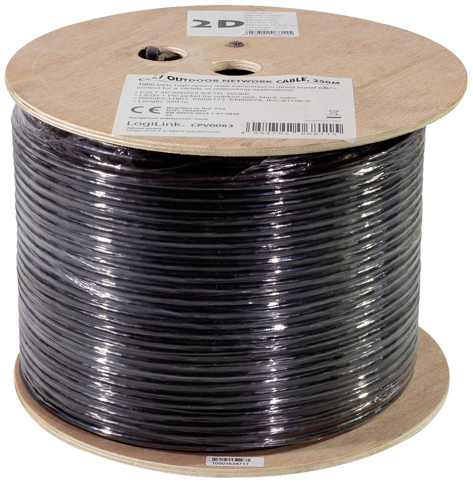 Rotolo di cavo di rete nero, lungo 305 m, adatto per uso esterno. L'etichetta riporta il marchio e le specifiche del prodotto.