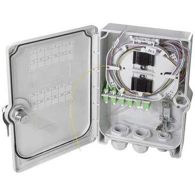 Armadio di distribuzione aperto con connessioni in fibra ottica e cavi etichettati. Sopra e sotto i connettori, i cavi sono organizzati in modo ordinato.