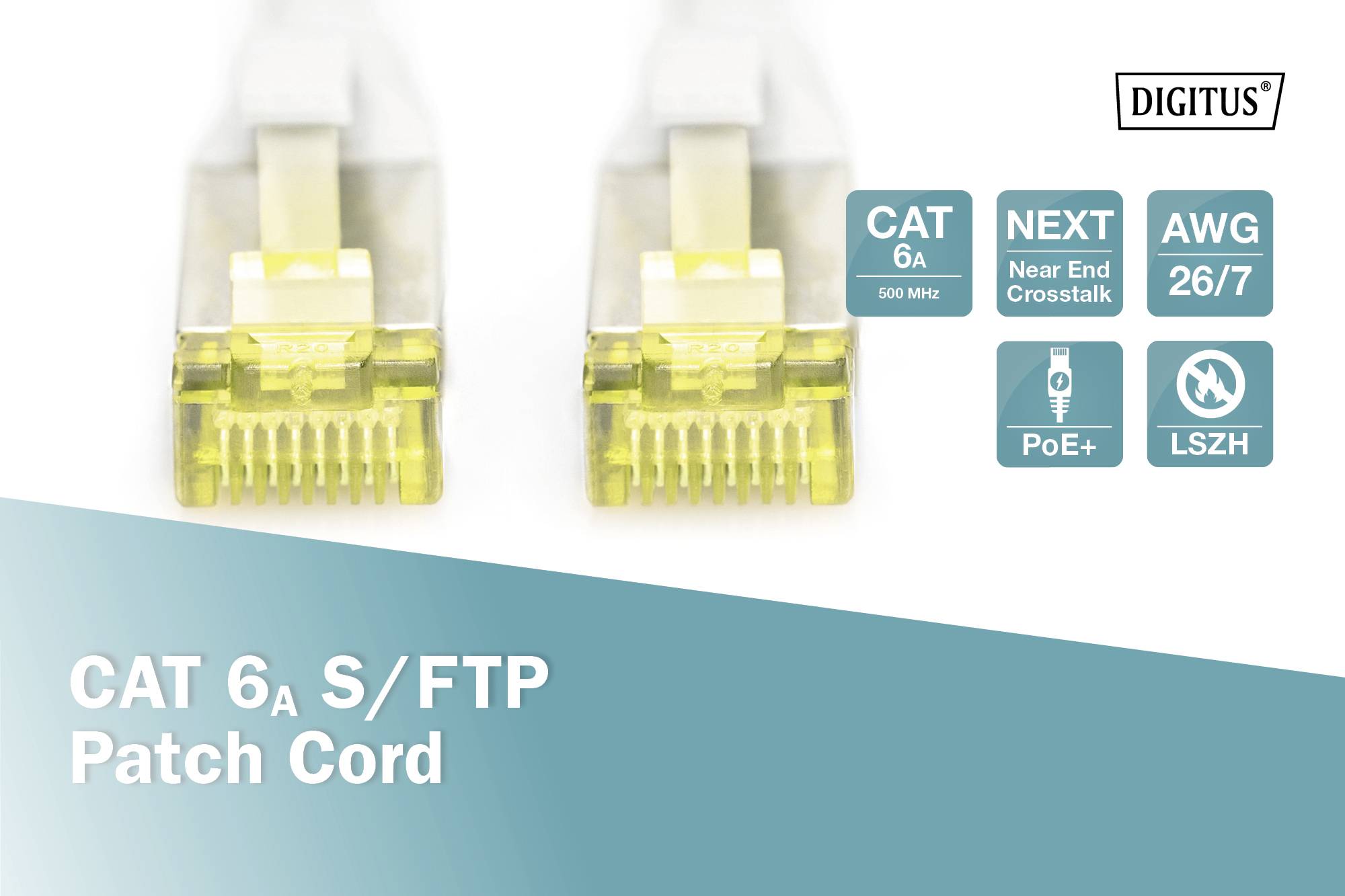 Due spine per cavo di rete CAT 6A S/FTP gialle con specifiche tecniche: CAT 6A 500 MHz, PoE+, LSZH, NEXT Near End Crosstalk, AWG 26/7.