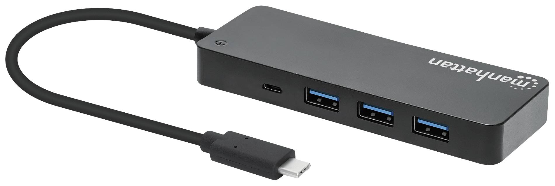 Hub USB-C con un singolo cavo; tre porte USB 3.0 e una porta USB-C, principalmente per l'espansione e il collegamento.