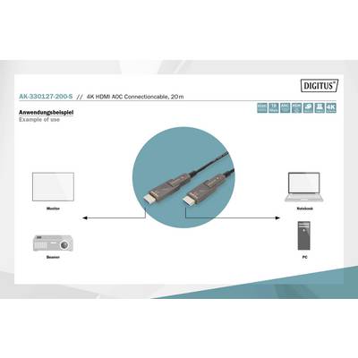 'Anschlüsse' mostra diversi tipi di connettori HDMI: Tipo D (maschio), spina rimovibile e Tipo A (maschio), collegati tramite un cavo HDMI da 20m.