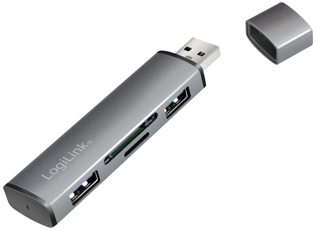 Hub USB con tre porte e uno slot per schede, logo LogiLink visibile, coperchio rimovibile, grigio.