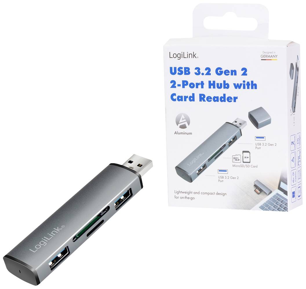 Hub USB 3.2 Gen 2 a 2 porte di LogiLink con lettore di schede, raffigurato con la confezione originale. Include porte USB e slot per schede.