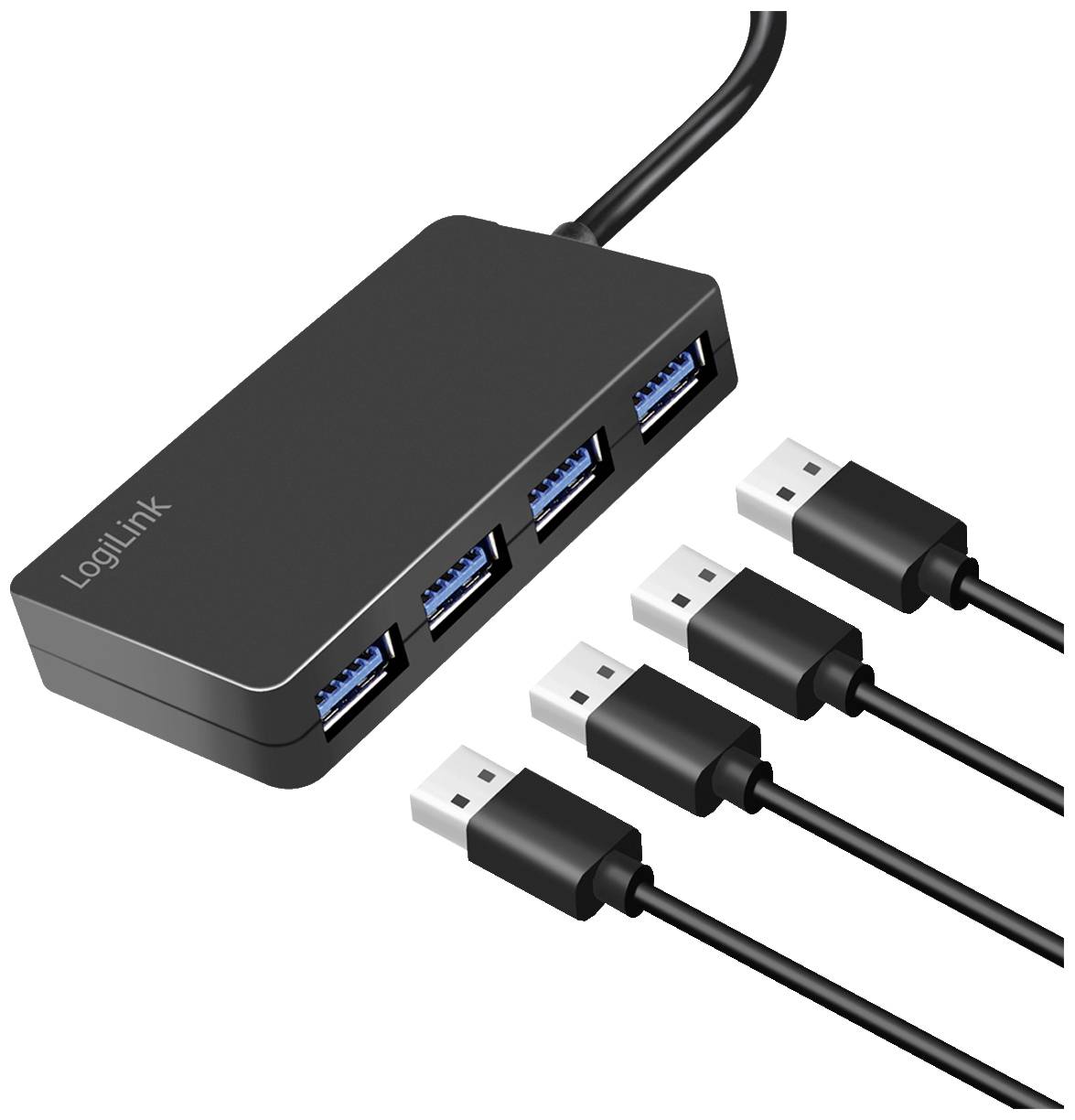 Un hub USB nero con quattro cavi USB collegati; il dispositivo reca la scritta 'LogiLink'.
